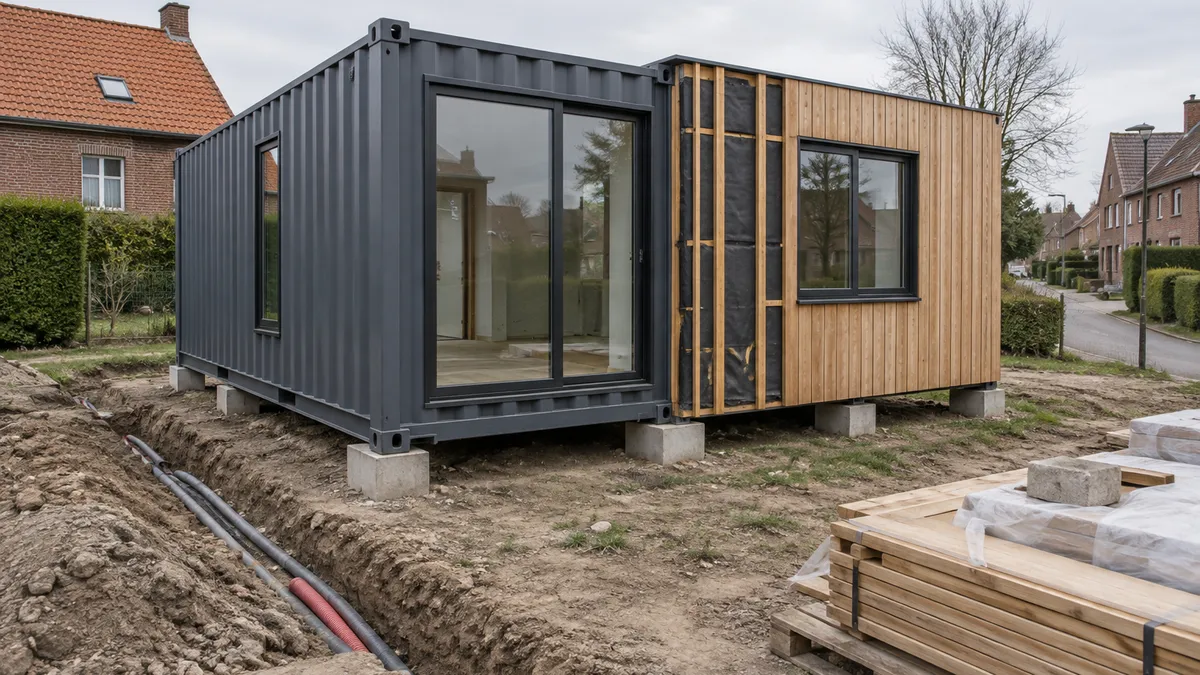 Containerwoning in aanbouw met stalen wanden, ramen en deels houten gevelbekleding naast bakstenen huizen.