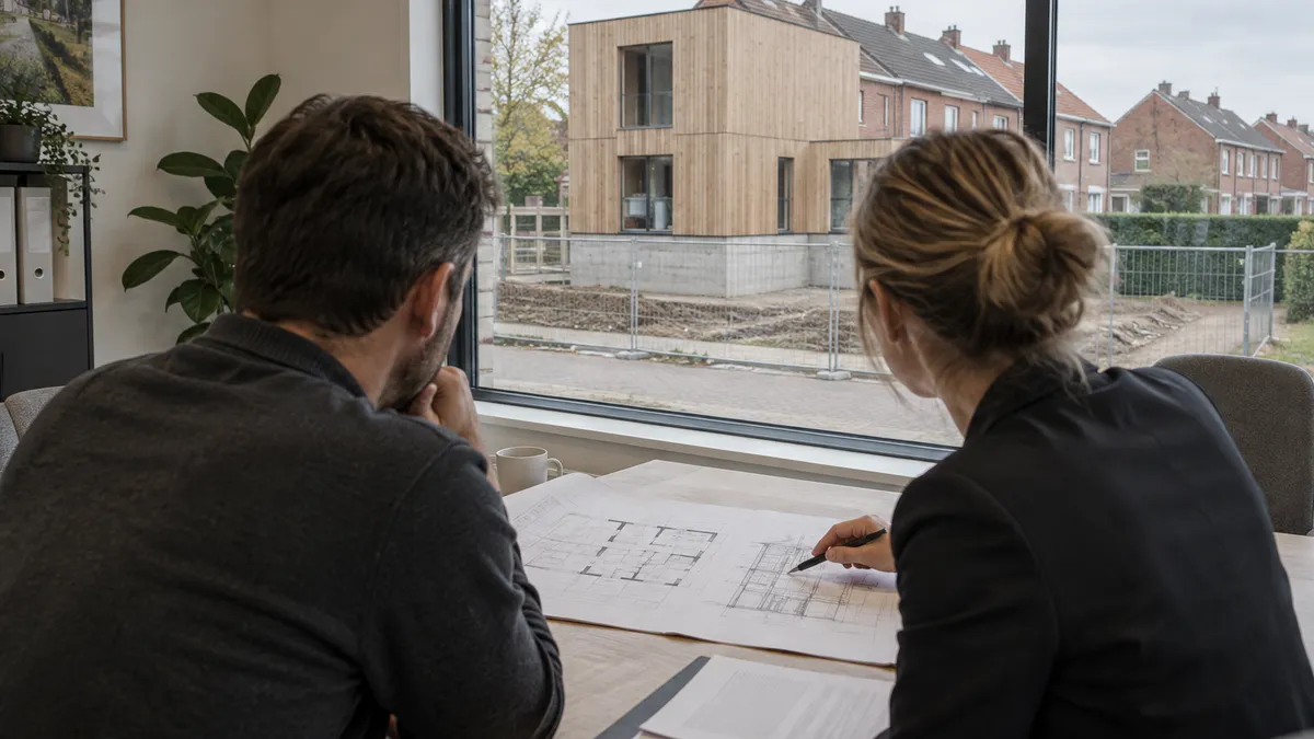 Twee personen bekijken bouwplannen aan een bureau, met zicht op een modulaire woning in aanbouw.