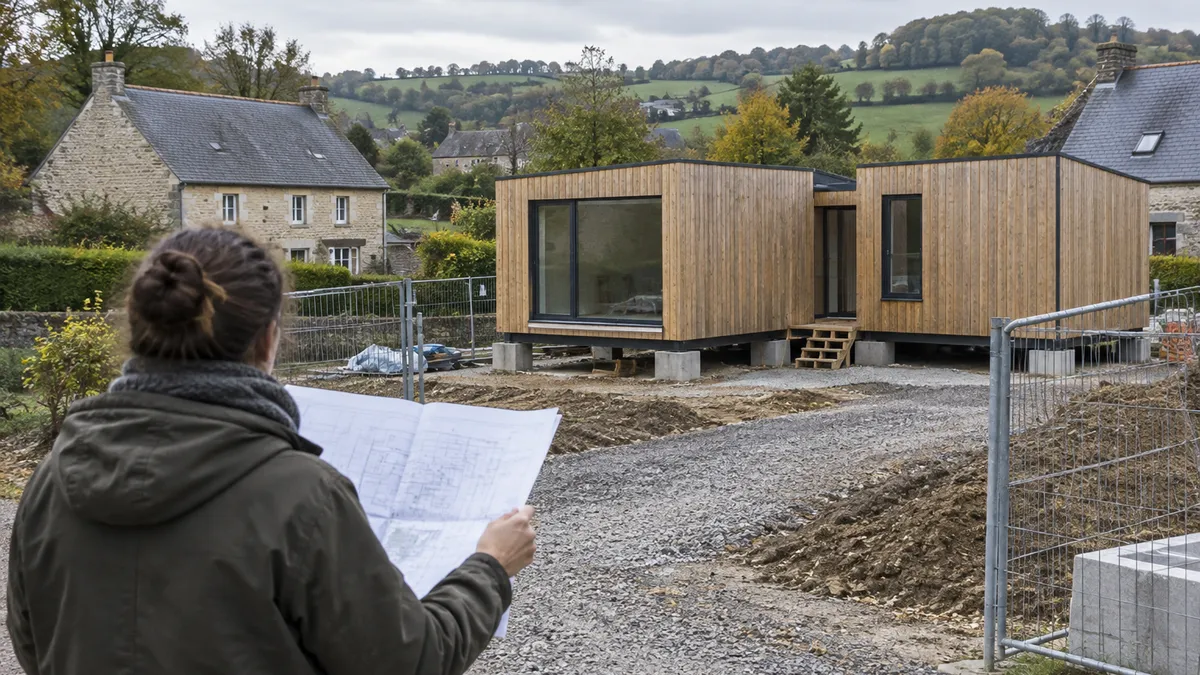 Een modulaire woning op een werf, met een persoon met een bouwplan en natuurstenen huizen op de achtergrond.