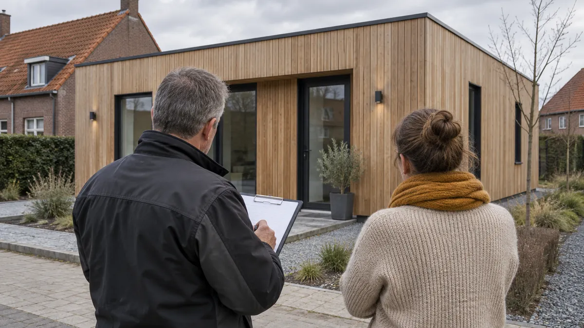 Een inspecteur met klembord en een bewoner staan voor een modulaire woning met houten gevelbekleding.