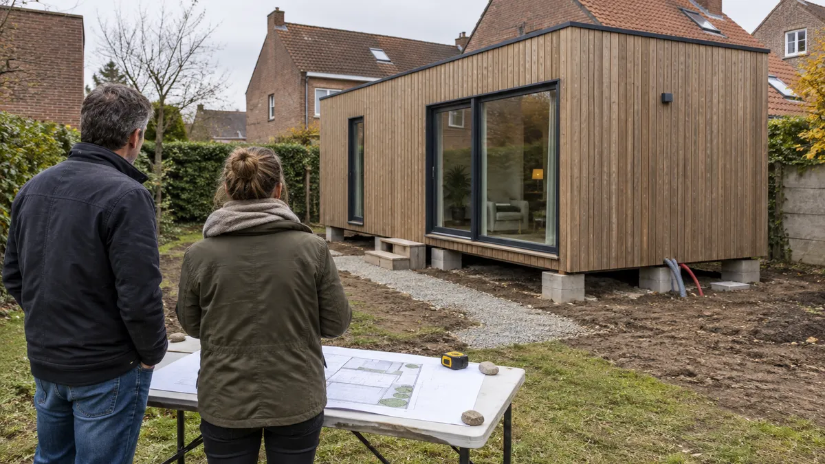 Een houten modulaire woning op betonnen steunen in een tuin, met twee personen bij een tafel met een plan.