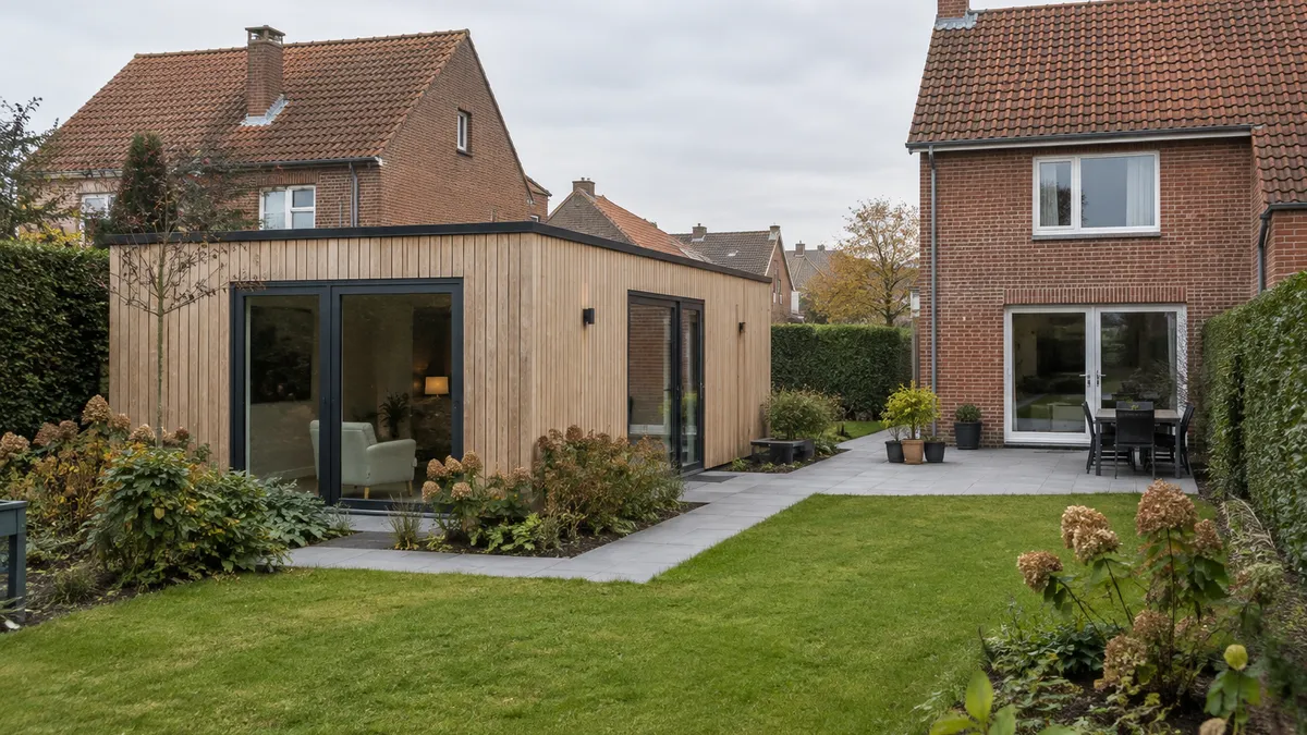 Kleine vrijstaande zorgwoning met houten gevel en vlakke toegang in de tuin van een bakstenen woning.