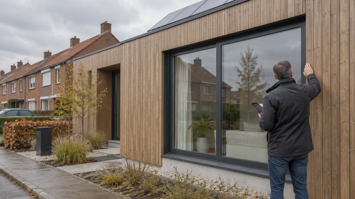 Een energiedeskundige inspecteert een raamkozijn van een modulaire woning met houten gevel en zonnepanelen.
