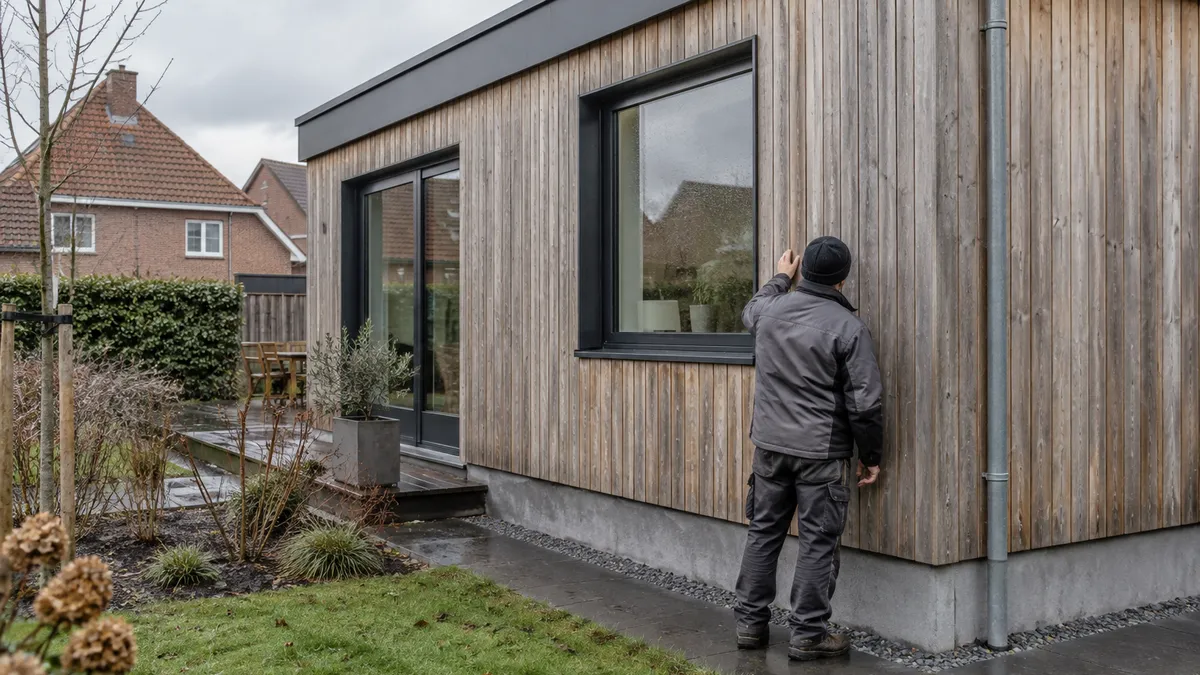 Een technicus inspecteert de houten gevel en metalen raamaansluiting van een modulaire woning met een plat dak.