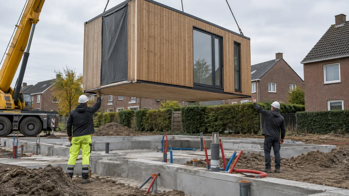 Een kraan laat een houten woonmodule zakken boven betonnen funderingen, met werfarbeiders en bakstenen huizen op de achtergro