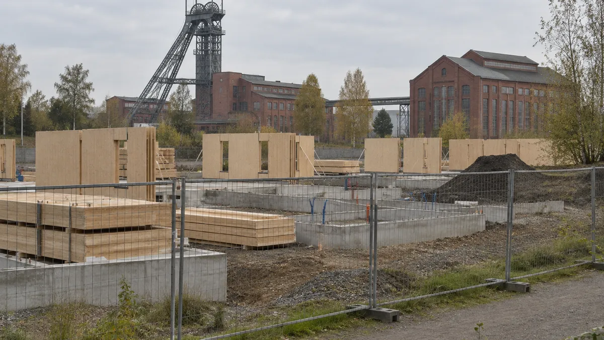 Werf met gestapelde houten wandpanelen, betonnen funderingen en bakstenen mijngebouwen achter een metalen hek.