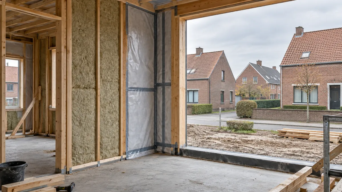 Houten stijlen met isolatie en deels aangebrachte folie op een werf, met bakstenen woningen op de achtergrond.
