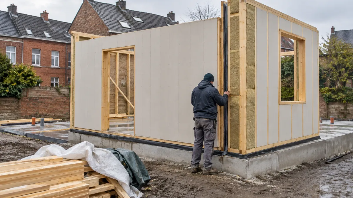 Modulaire woning in aanbouw met houten wandmodules en zichtbare isolatie, naast traditionele bakstenen huizen.