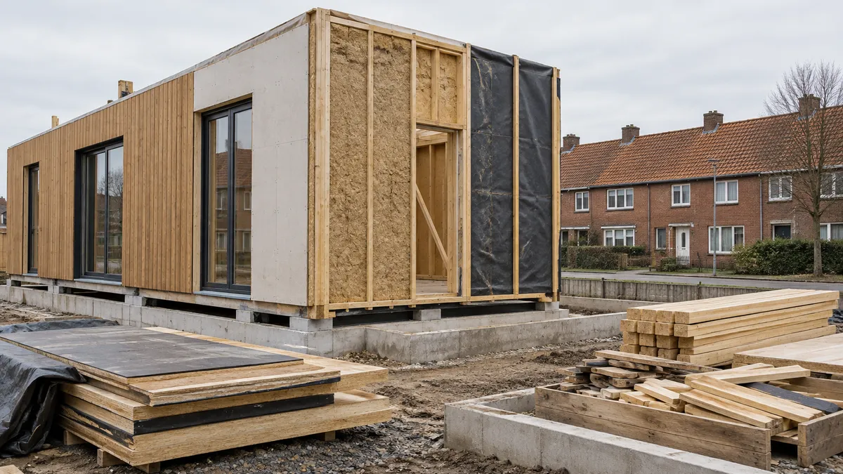 Een houten woonmodule in opbouw, met zichtbare isolatie en gestapelde panelen, voor een rij bakstenen woningen.