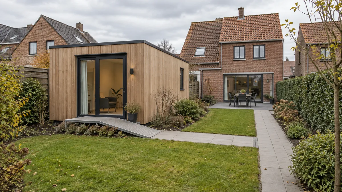 Compacte houten zorgwoning met toegangshelling in de tuin achter een bakstenen huis.