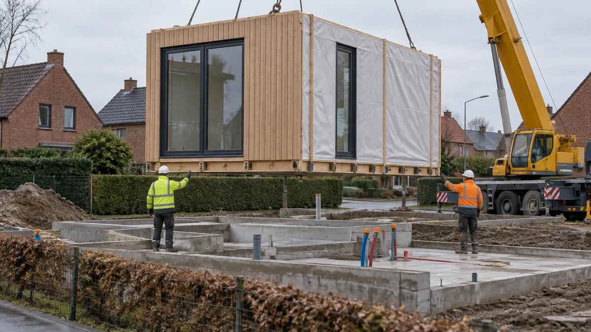 Een kraan laat een woningmodule zakken op betonnen funderingen, met werfarbeiders en bakstenen huizen op de achtergrond.