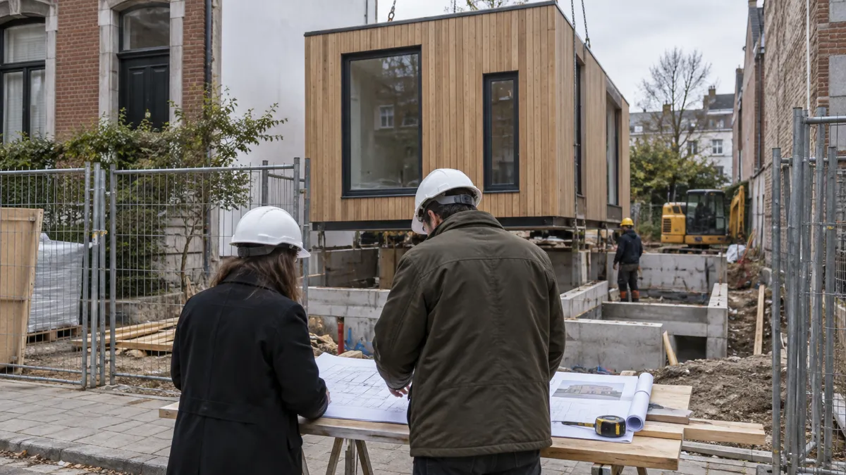 Twee bouwprofessionals bekijken plannen bij een houten woonmodule tussen bakstenen rijhuizen op een werf.