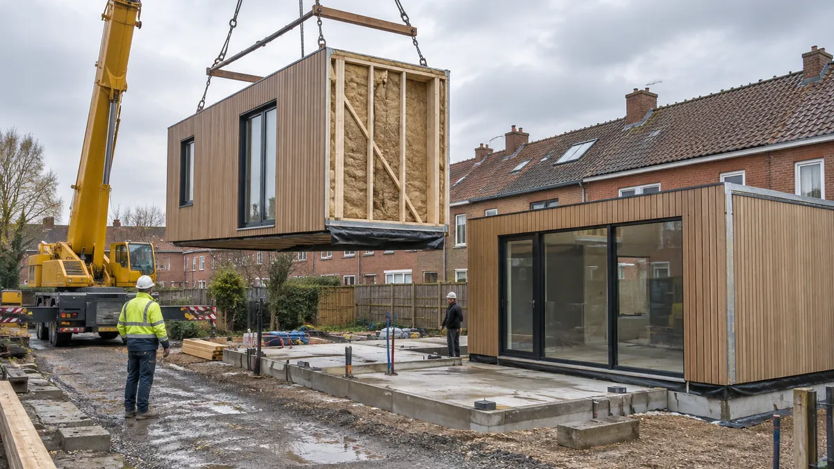 Een kraan plaatst een houtskeletmodule naast een module met houten gevelbekleding op een werf bij bakstenen rijhuizen.