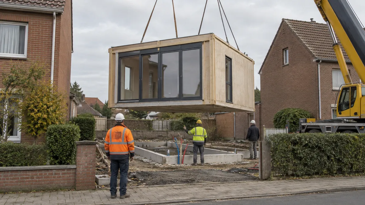 Een kraan laat een houten woonmodule zakken op funderingen op een smal bouwperceel tussen bakstenen woningen.