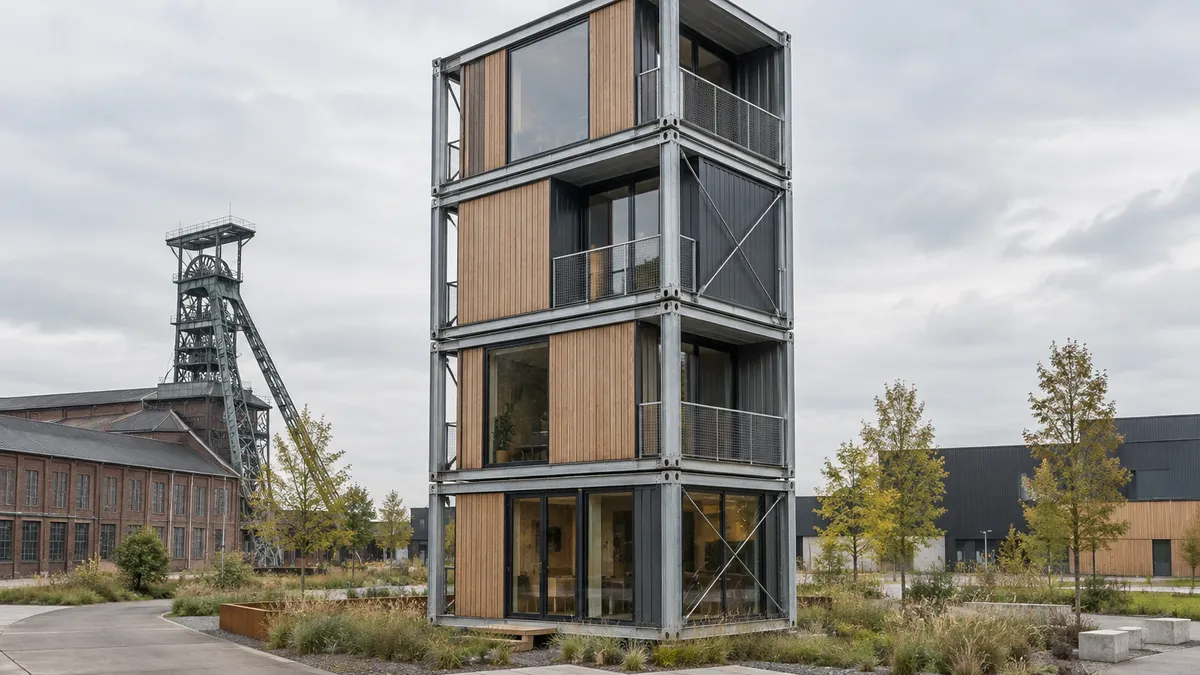 Toren van gestapelde staalmodules met zichtbare verbindingen, naast lage bedrijfsgebouwen op een industriesite.