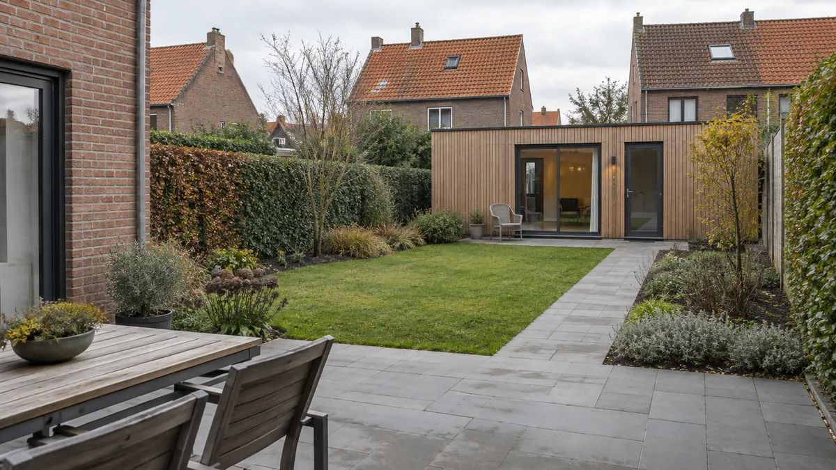 Houten modulaire woning in de tuin van een bakstenen huis, met een verhard pad tussen beide gebouwen.
