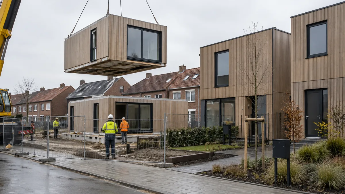 Een kraan plaatst een houten woonmodule op een werf, naast afgewerkte modulaire woningen en bakstenen rijhuizen.