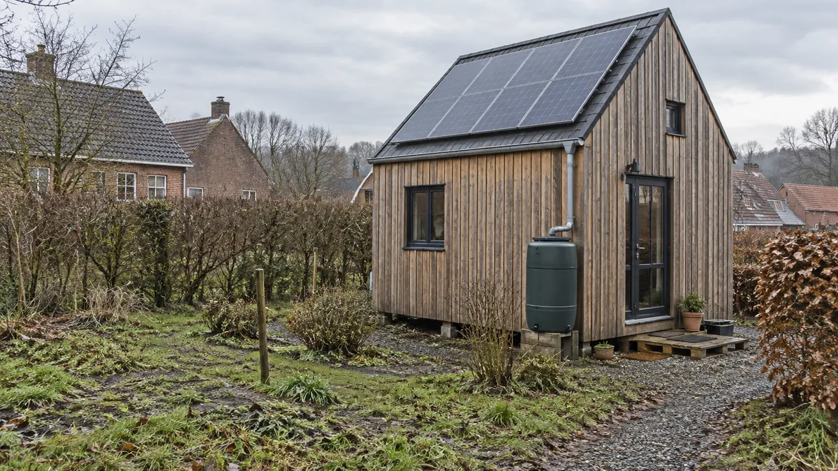Houten tiny house met zonnepanelen en een regenwatertank op een nat perceel, met bakstenen woningen op de achtergrond.