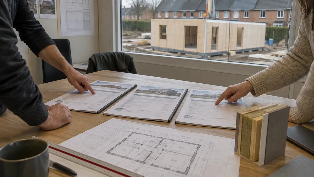 Twee mensen vergelijken documenten naast een grondplan en een wandstaal, met zicht op een modulaire woning in aanbouw.