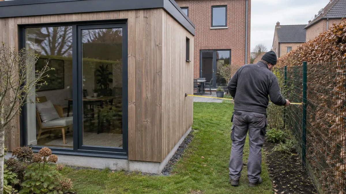 Een persoon meet de afstand tussen een houten prefab bijgebouw en de tuinafscheiding achter een bakstenen woning.