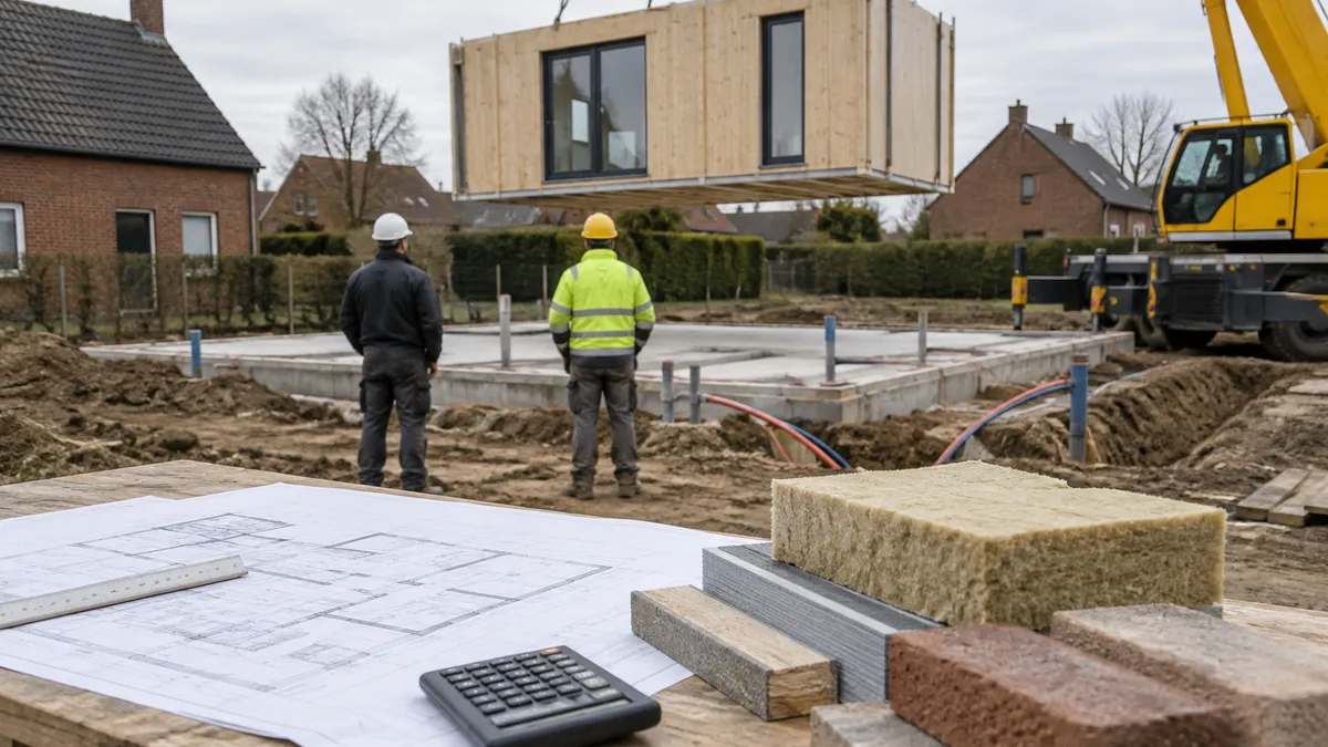 Bouwplannen en materiaalstalen op een werftafel, met daarachter een kraan die een prefabmodule op een fundering plaatst.