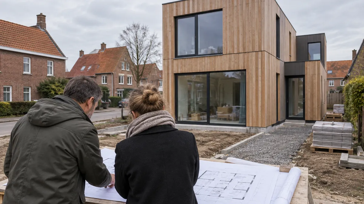 Twee personen bekijken bouwplannen bij een modulaire woning met houten gevel en een onafgewerkt grindpad.