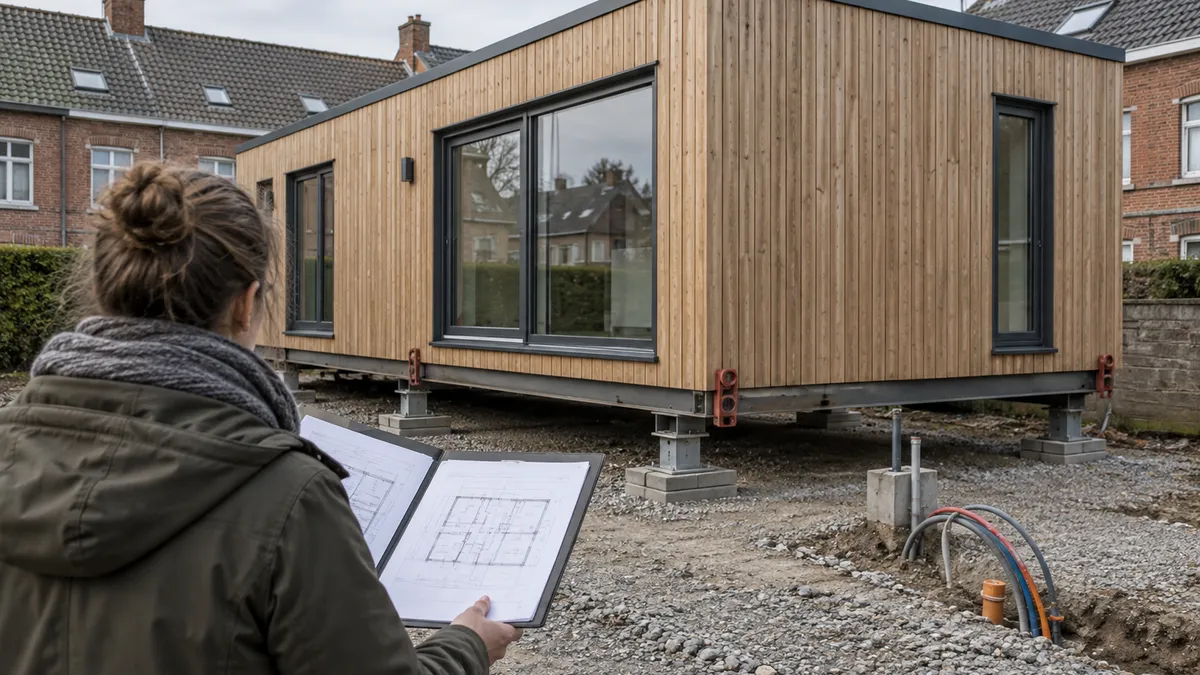 Verplaatsbare woning op stalen steunen, met op de voorgrond een persoon die een map met bouwplannen vasthoudt.