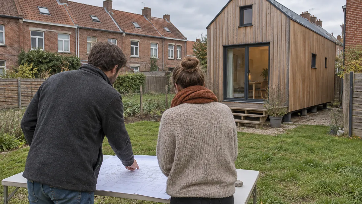 Twee mensen bekijken een plan naast een houten tiny house op een grasveld met bakstenen woningen op de achtergrond.