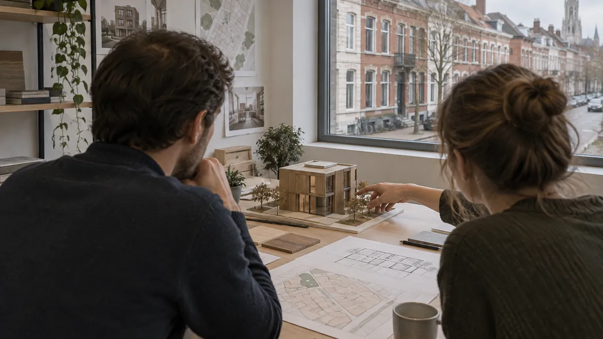 Twee personen bekijken een schaalmodel van een modulaire woning en perceelplannen in een kantoor.