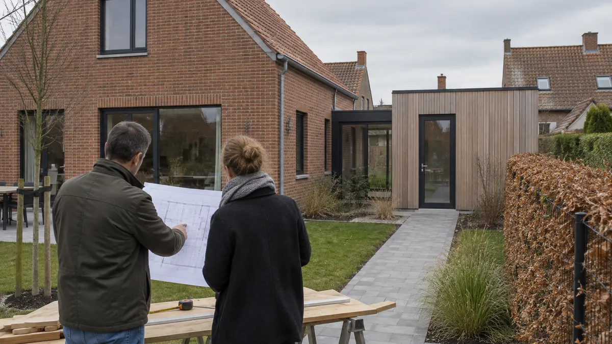Bakstenen woning met een houten bijgebouw in de zijtuin en twee mensen die een bouwplan bekijken.