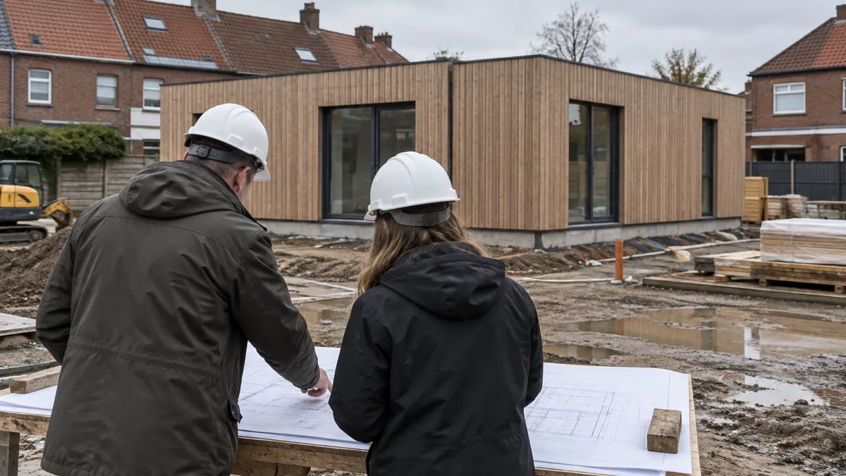 Twee werfmedewerkers bekijken een bouwplan naast een modulaire woning met houten gevel op een werf.