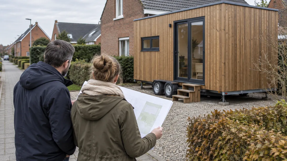 Twee personen bekijken een plan bij een houten tiny house op wielen naast een bakstenen woning.