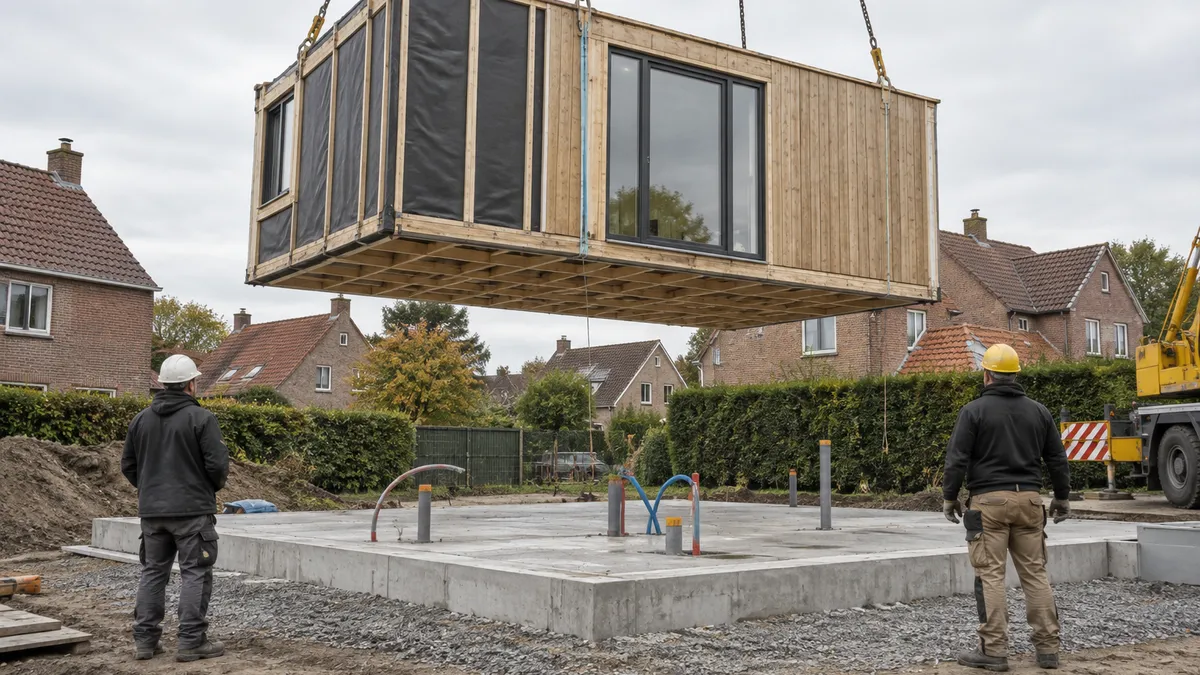 Een kraan laat een houten woonmodule zakken boven een betonnen funderingsplaat op een werf met bakstenen huizen op de achterg