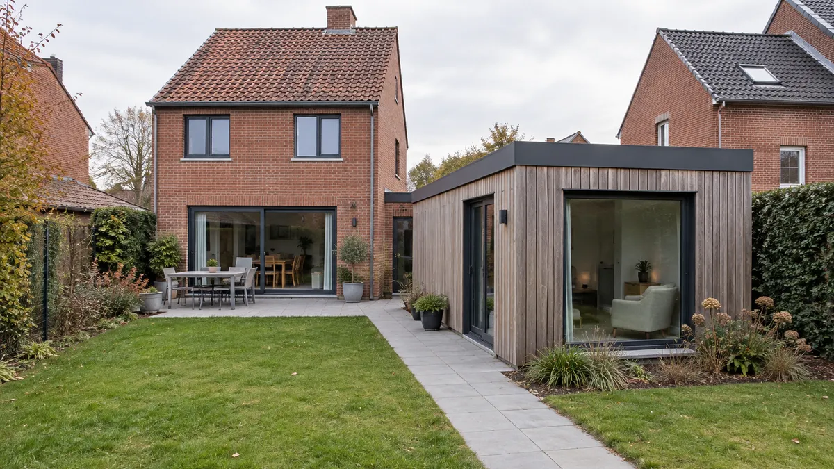Een houten modulaire unit met plat dak staat via een tuinpad in verbinding met een bakstenen woning.