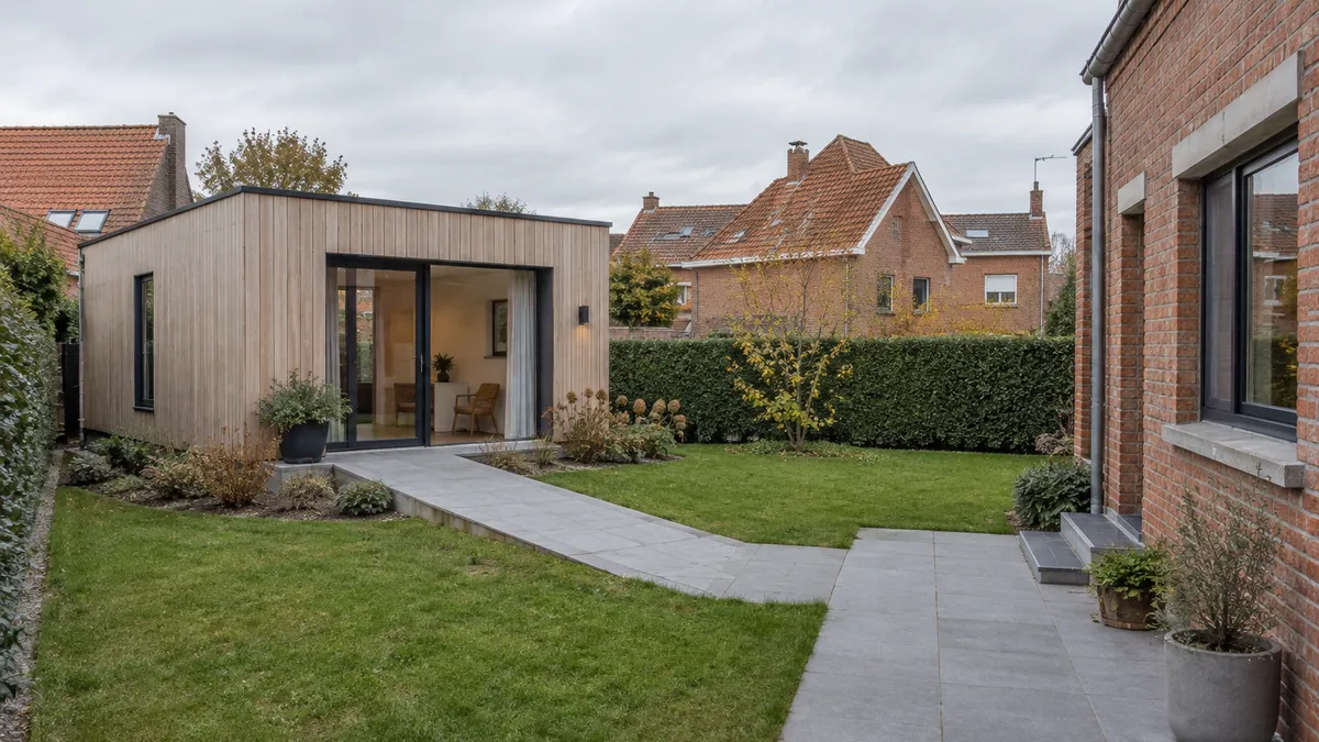 Compacte houten zorgwoning met plat dak in de tuin van een bakstenen huis, verbonden door een verhard pad.